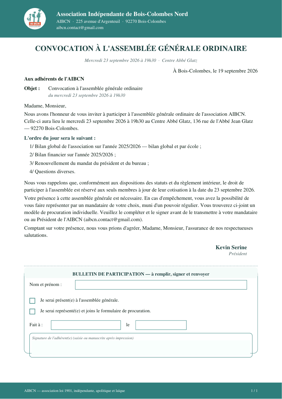 Convocation à l'assemblée générale du 23 septembre 2026 — page 1