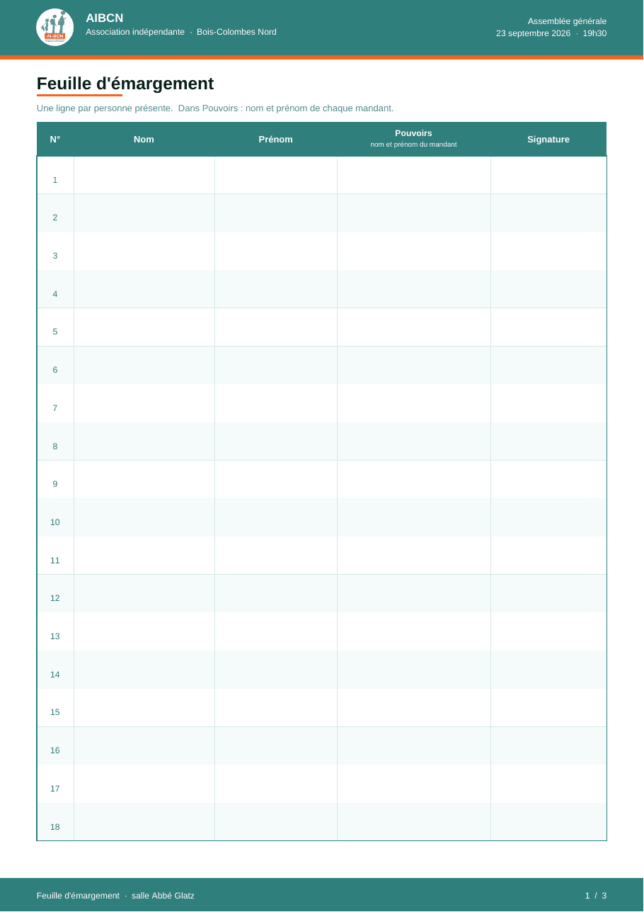 Feuille d'émargement — AG du 23 septembre 2026 — page 1