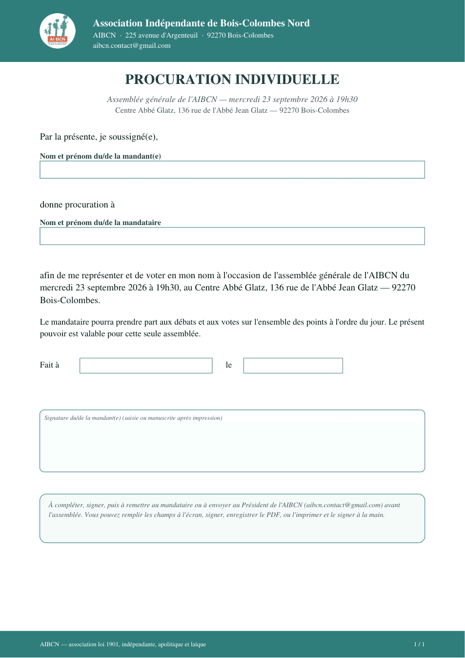 Procuration individuelle — AG du 23 septembre 2026 — page 1