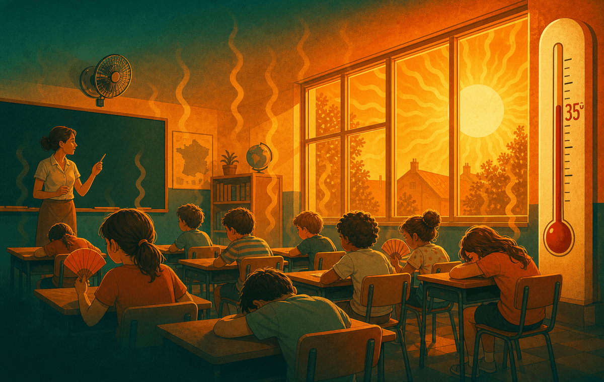Salle de classe surchauffée — jusqu'à 35 °C, plan canicule