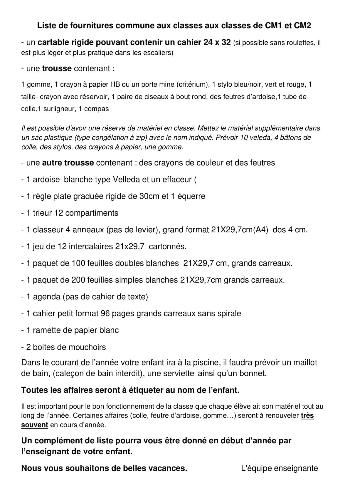 Liste de fournitures CM1 et CM2 — CM1 et CM2 — liste commune, année 2026/2027