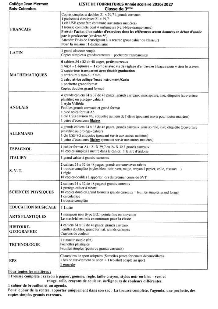Liste de fournitures Collège Jean Mermoz — Classe de 3e, année 2026/2027