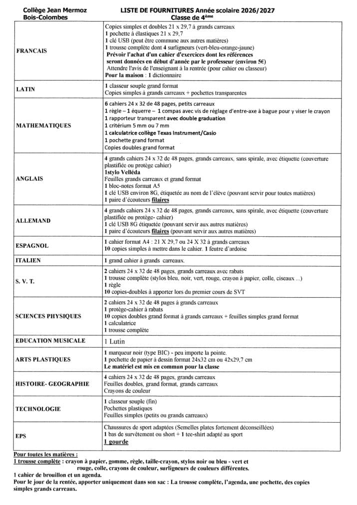 Liste de fournitures Collège Jean Mermoz — Classe de 4e, année 2026/2027