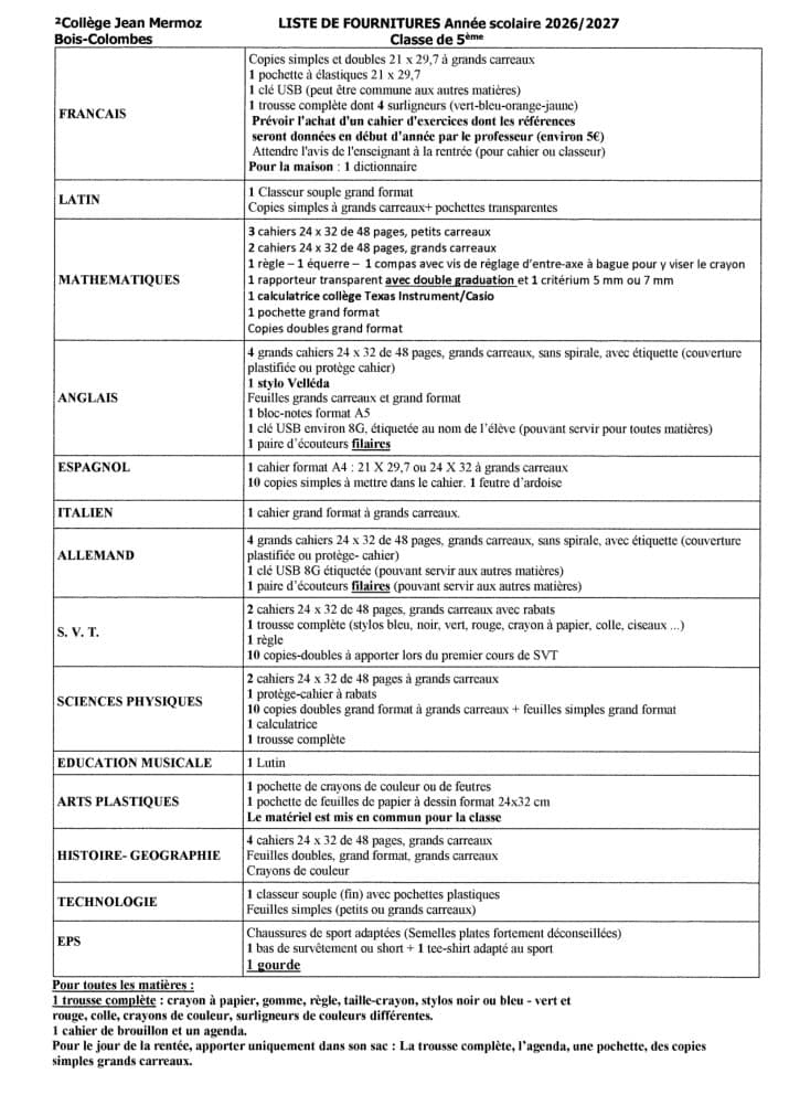 Liste de fournitures Collège Jean Mermoz — Classe de 5e, année 2026/2027