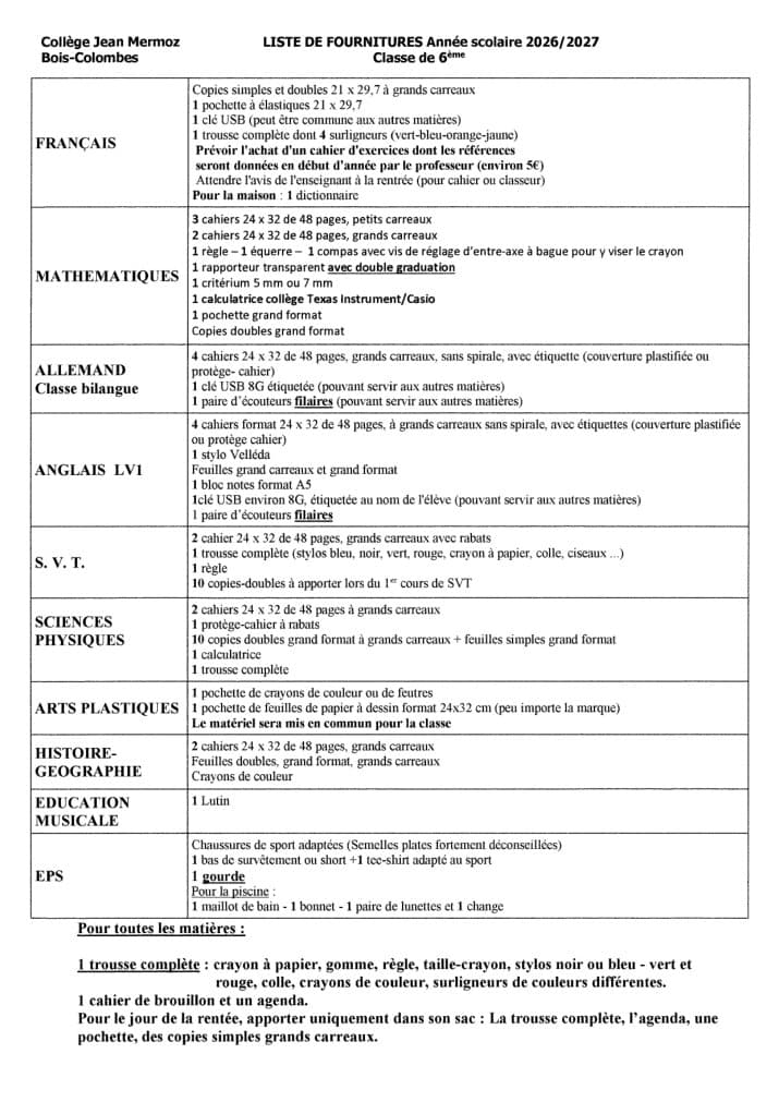 Liste de fournitures Collège Jean Mermoz — Classe de 6e, année 2026/2027
